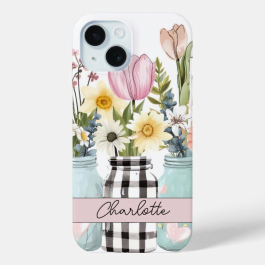 Spring Flowers in Mason Jar Design met naam Case-Mate iPhone Case (Achterkant)