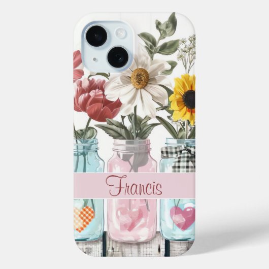 Spring Flowers in Mason Jar Design met naam Case-Mate iPhone Case (Achterkant)
