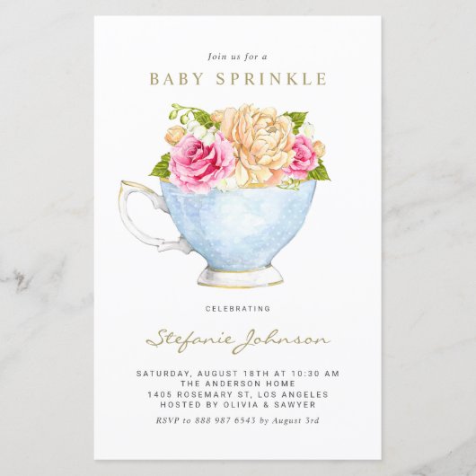 Spring Flowers in Teacup Baby Sprinkle Uitnodiging (Voorkant)