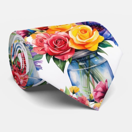 Spring Flowers Kleurrijke Regenboog Waterverf Bloe Stropdas (Opgerold)