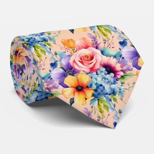 Spring Flowers Kleurrijke Regenboog Waterverf Bloe Stropdas (Opgerold)