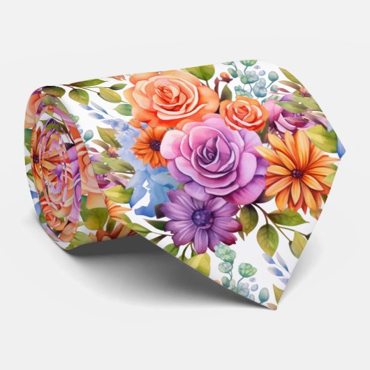 Spring Flowers Kleurrijke Regenboog Waterverf Bloe Stropdas (Opgerold)