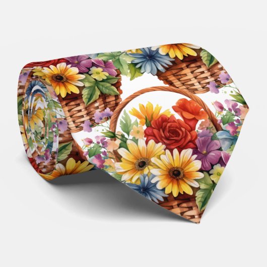 Spring Flowers Kleurrijke Regenboog Waterverf Bloe Stropdas (Opgerold)