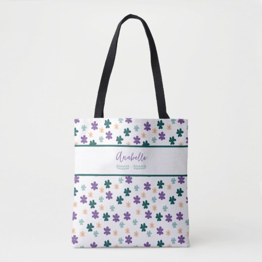 Spring Flowers & Leaves Pattern met Name Canvas ta Tote Bag (Voorkant)