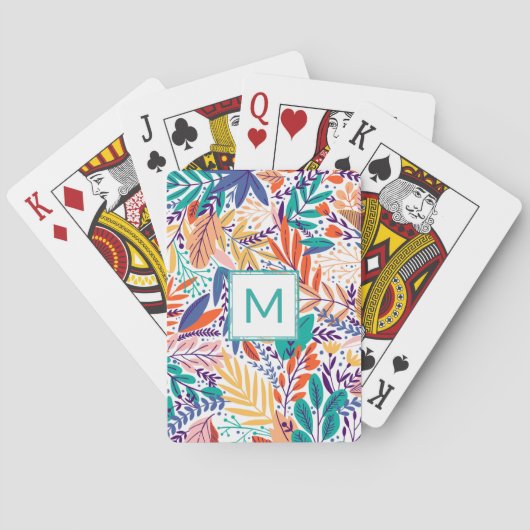  Spring Flowers Line Art Aqua Blauwgroen Monogram Pokerkaarten (Achterkant)