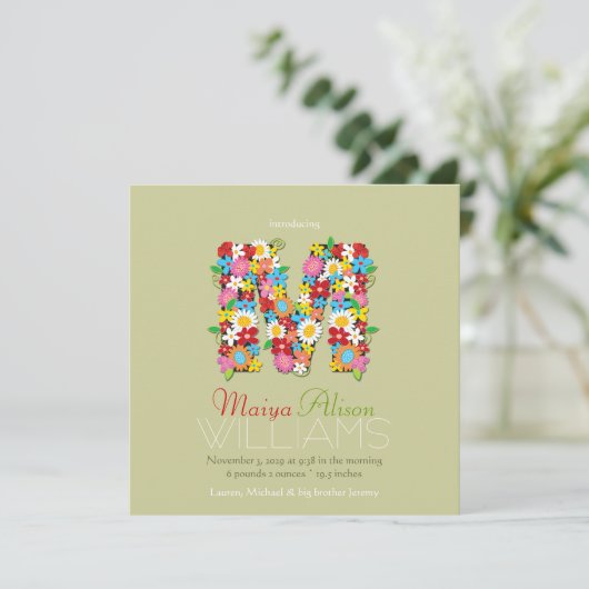 Spring Flowers Monogram Baby Girl Foto Birth Aankondiging (Staand voorkant)