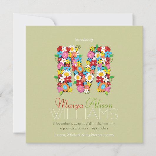 Spring Flowers Monogram Baby Girl Foto Birth Aankondiging (Voorkant)