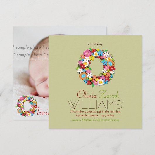 Spring Flowers Monogram Baby Girl Foto Birth Aankondiging (Voorkant / Achterkant)