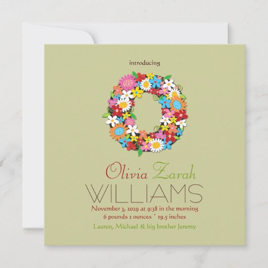 Spring Flowers Monogram Baby Girl Foto Birth Aankondiging (Voorkant)