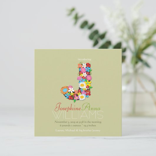 Spring Flowers Monogram Baby Girl Foto Birth Aankondiging (Staand voorkant)