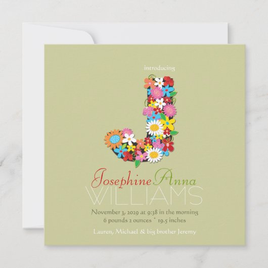 Spring Flowers Monogram Baby Girl Foto Birth Aankondiging (Voorkant)