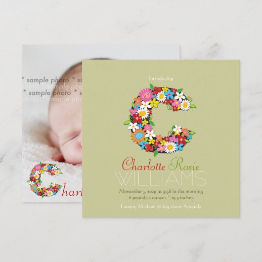 Spring Flowers Monogram Baby Girl Foto Birth Aankondiging (Voorkant / Achterkant)