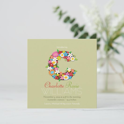 Spring Flowers Monogram Baby Girl Foto Birth Aankondiging (Staand voorkant)