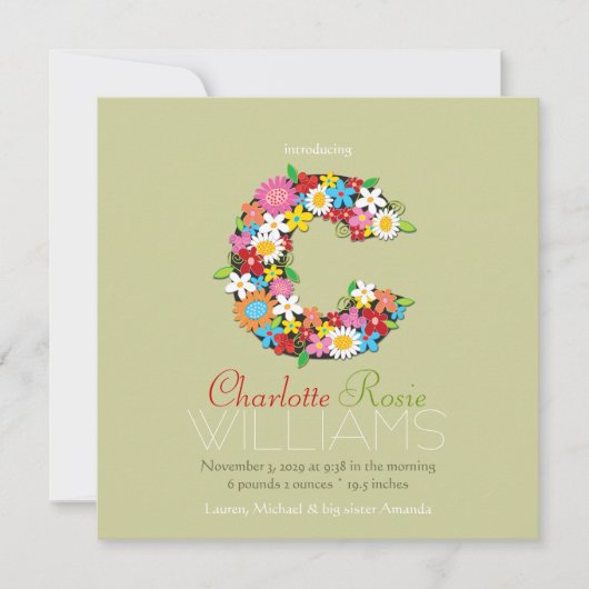 Spring Flowers Monogram Baby Girl Foto Birth Aankondiging (Voorkant)