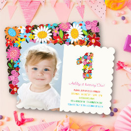 Spring Flowers One Baby Girl First Birthday Foto Kaart