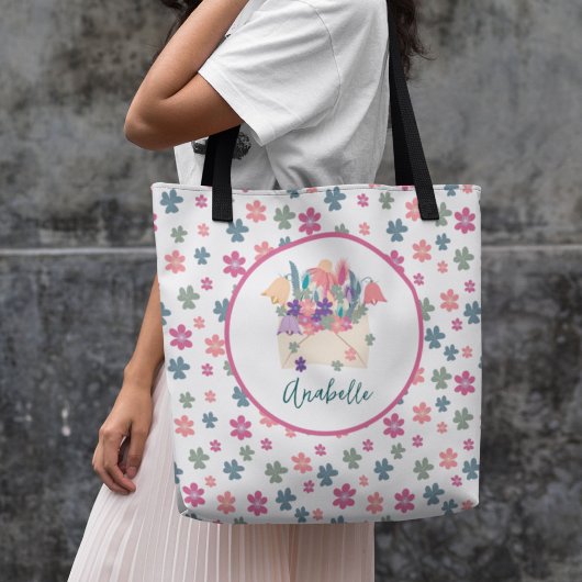Spring Flowers Pattern Envelope Bouquet met naam Tote Bag