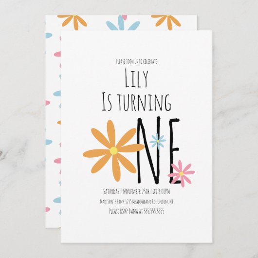 Spring Flowers Pink Blue Oranje First Birthday Kaart (Voorkant / Achterkant)