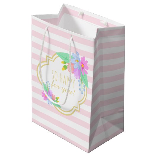 Spring Flowers Pink Strips Baby shower Gift Bag Medium Cadeauzakje (Voorkant Gekanteld)