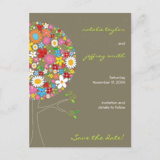 Spring Flowers Pop Tree Whimsical Bewaar de datum Aankondigingskaart (Voorkant)