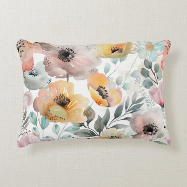 Spring Flowers Poppy Wildflower Waterverf Accent Kussen (Voorkant)