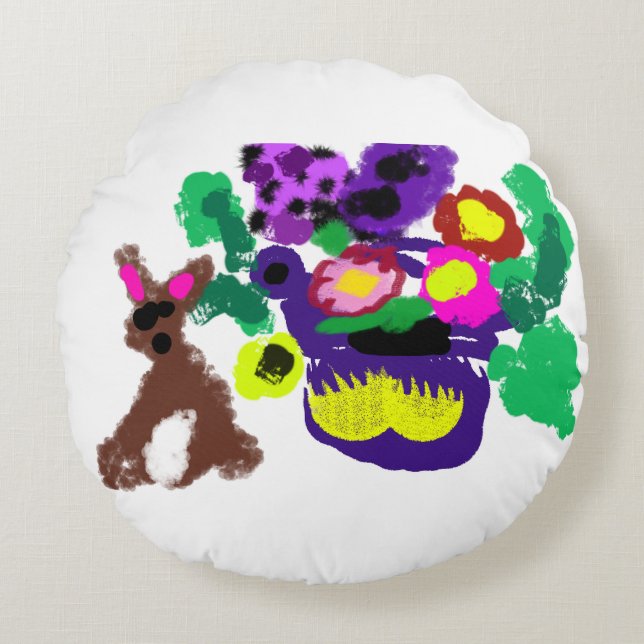 Spring flowers Rabbit joy Rond Kussen (Voorkant)