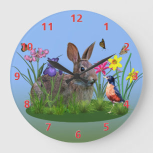 Spring Flowers, Robin en Bunny Rabbit Grote Klok