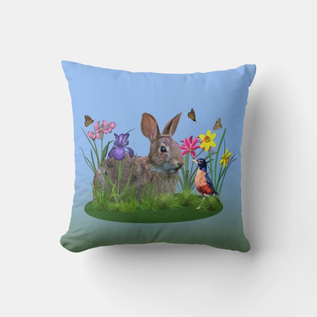 Spring Flowers, Robin en Bunny Rabbit Kussen (Voorkant)
