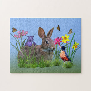 Spring Flowers, Robin en Bunny Rabbit Legpuzzel