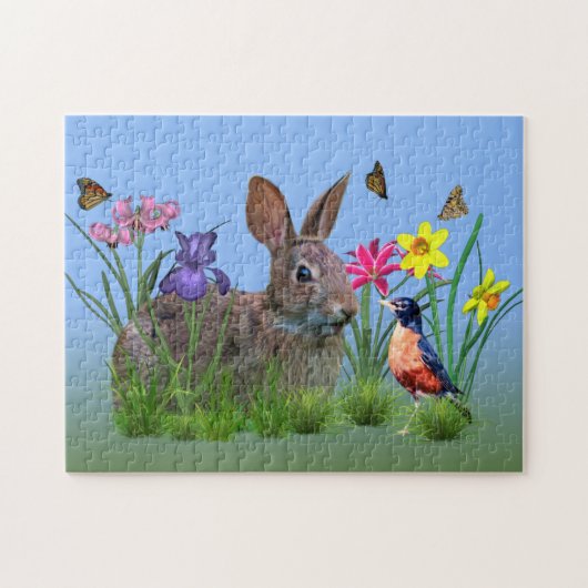 Spring Flowers, Robin en Bunny Rabbit Legpuzzel (Horizontaal)