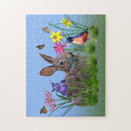 Spring Flowers, Robin en Bunny Rabbit Legpuzzel (Verticaal)