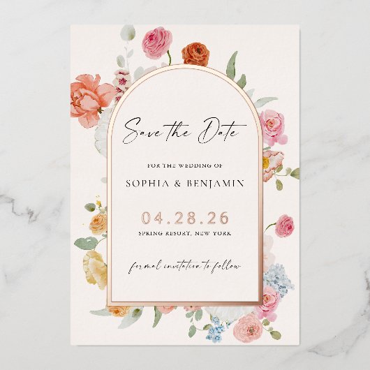 Spring Flowers Roos Gold Save the Date Kaart (Voorkant)