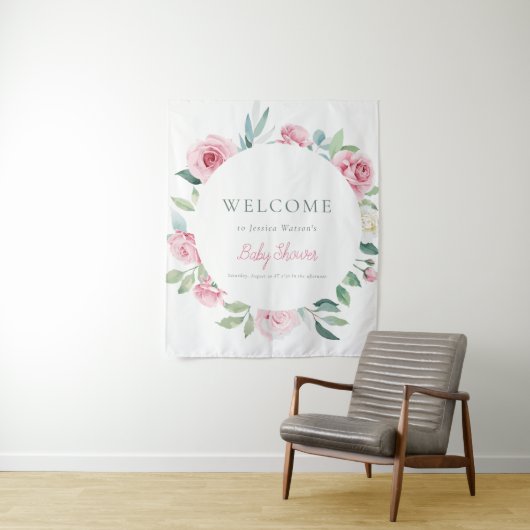 Spring Flowers Roze Circle Meisje Baby shower Wandkleed (In situ)