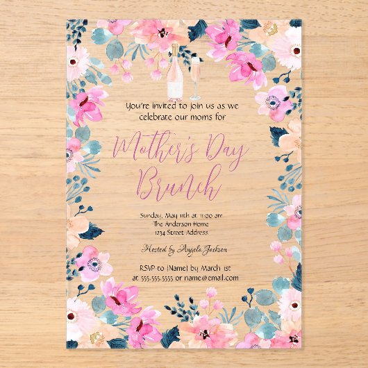 Spring Flowers Wine Moederdag Brunch Acryl Uitnodigingen (Voorkant)