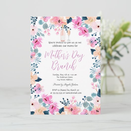 Spring Flowers Wine Moederdag Brunch Kaart (Staand voorkant)