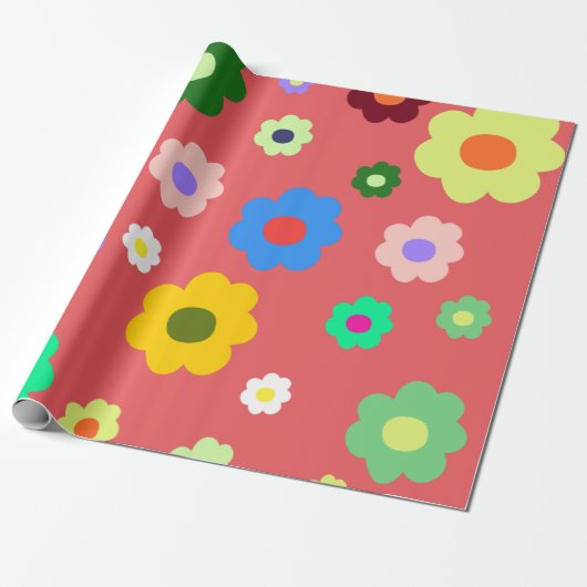 Spring Flowers Y2K Retro Patroon Cadeaupapier (Uitgerold)
