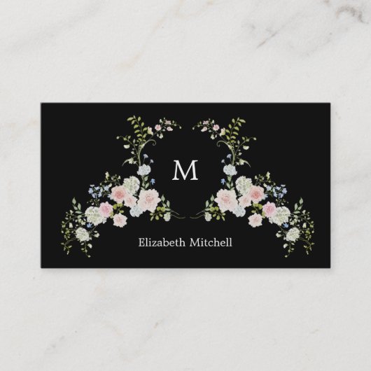 Spring Garden Bloemen op zwart | Monogram Visitekaartje (Voorkant)