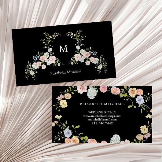 Spring Garden Bloemen op zwart | Monogram Visitekaartje