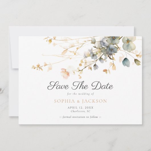 Spring Garden Boho Wildflowers Beige Blue Wedding Save The Date (Voorkant)