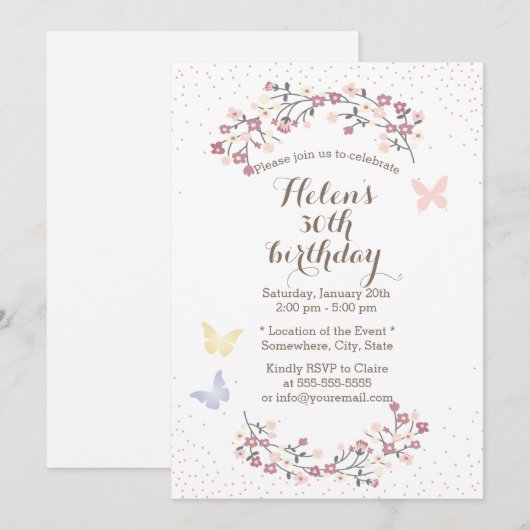 Spring Garden Butterfly & Flowers Birthday Party Kaart (Voorkant / Achterkant)