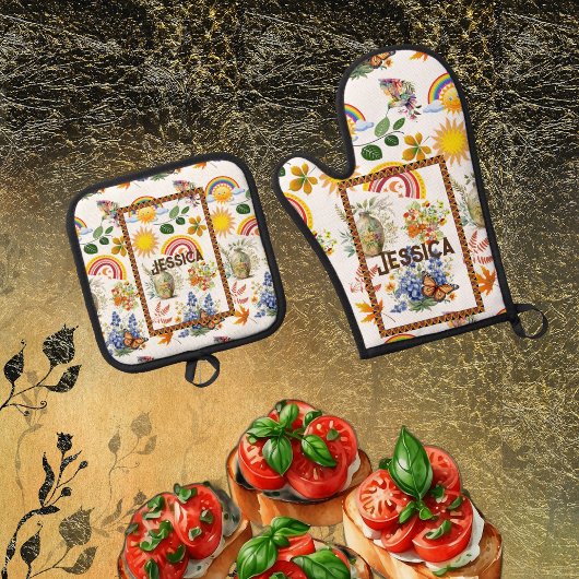 Spring Garden Butterfly Rainbow Sunshine groen Ovenwant & Pannenlap Set