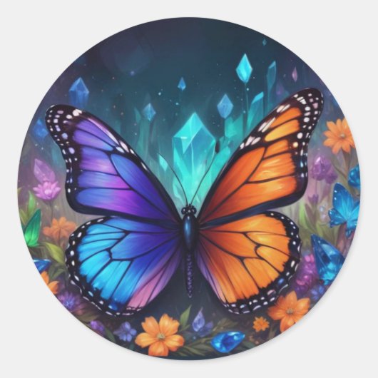 Spring Garden Fantasy Crystals Monarch Butterfly Ronde Sticker (Voorkant)