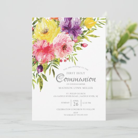 Spring Garden Floral eerste communie uitnodiging (Staand voorkant)