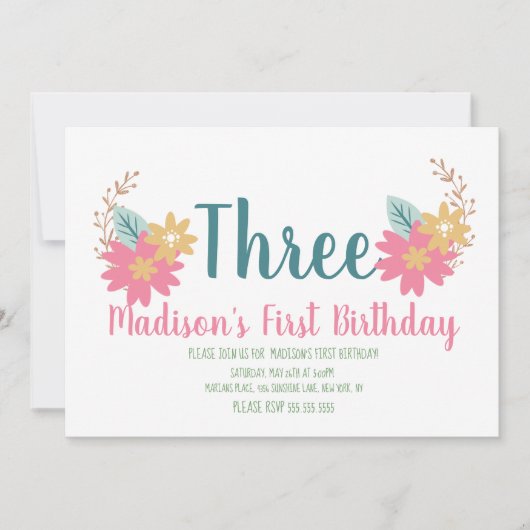 Spring Garden Floral Pink Partij 3e verjaardag Kaart (Voorkant)