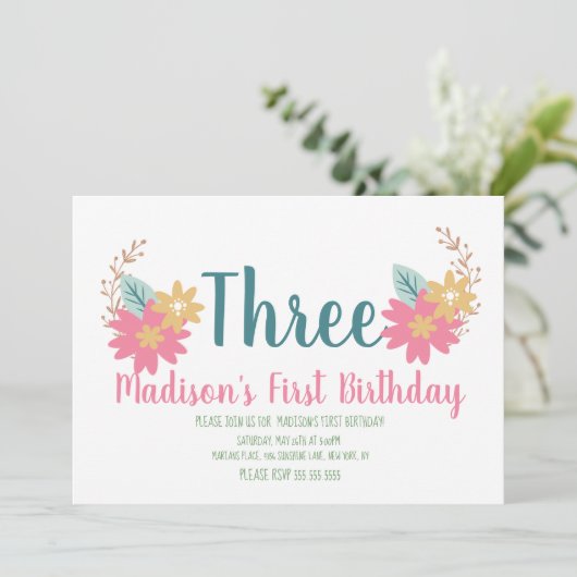 Spring Garden Floral Pink Partij 3e verjaardag Kaart (Staand voorkant)
