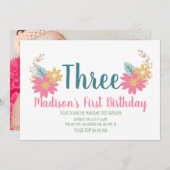 Spring Garden Floral Pink Partij 3e verjaardag Kaart (Voorkant / Achterkant)