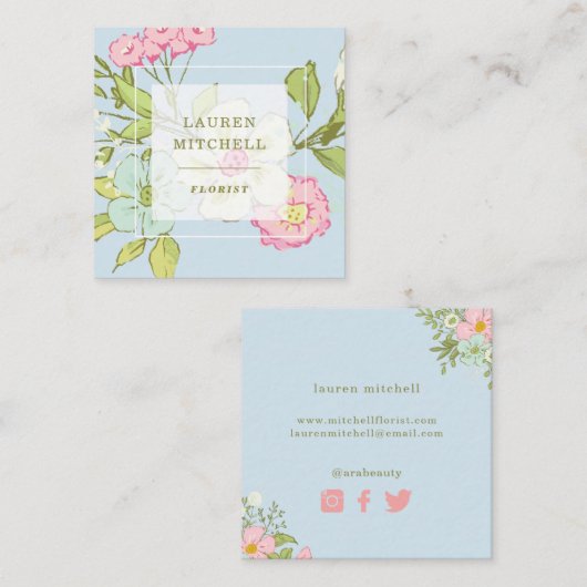 Spring Garden in Blue | Sociale media van Floral Vierkante Visitekaartje (Voorkant / Achterkant)