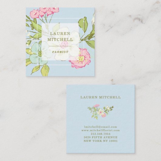 Spring Garden in Blue | Trendy Floral Vierkante Visitekaartje (Voorkant / Achterkant)