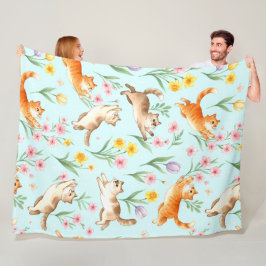 Spring Garden Romp – Playful Cats & Blossoms Fleece Deken