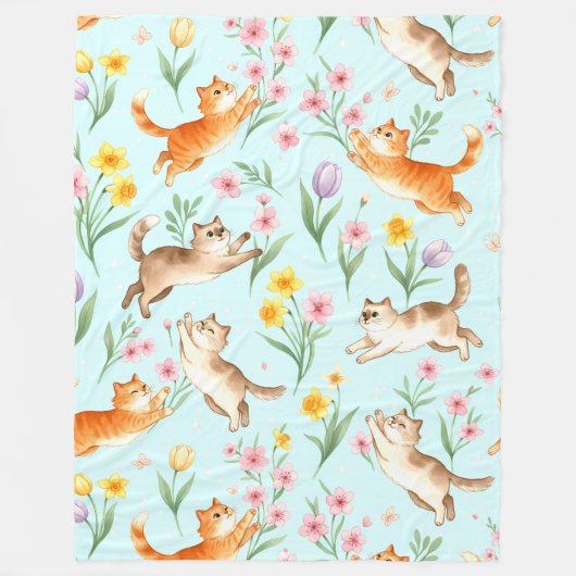 Spring Garden Romp – Playful Cats & Blossoms Fleece Deken (Voorkant)