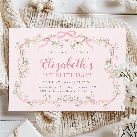 Spring Garden Roze & Groen 1e verjaardagsfeest Kaart